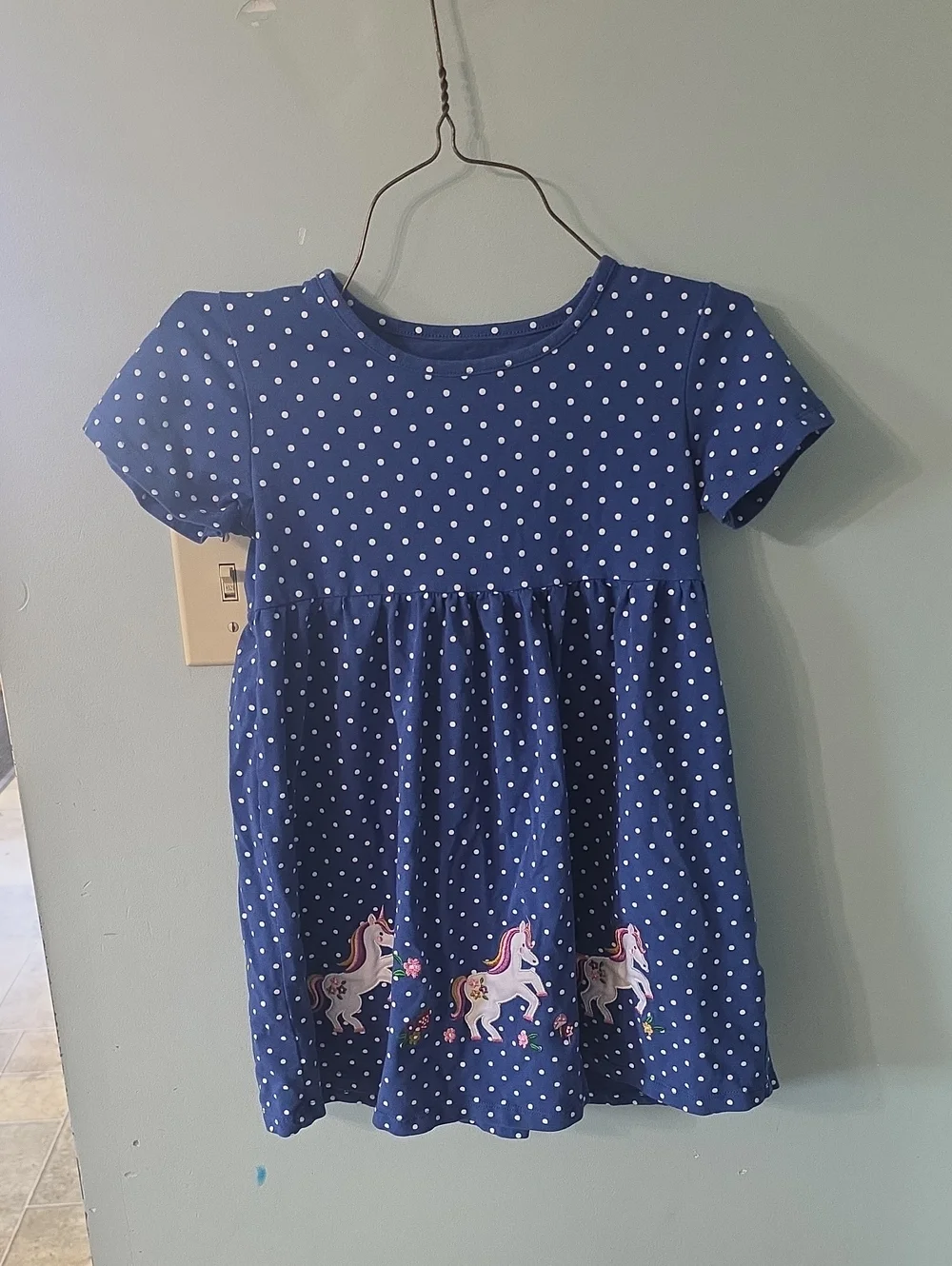 Girls Navy Polka Dot Unicorn A-Line Dress